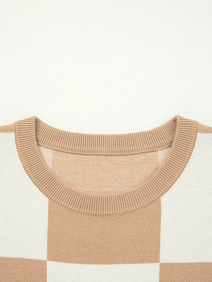 Checkered Pattern Loose Drop Shoulder Half Sleeve Sweater-Nordavory