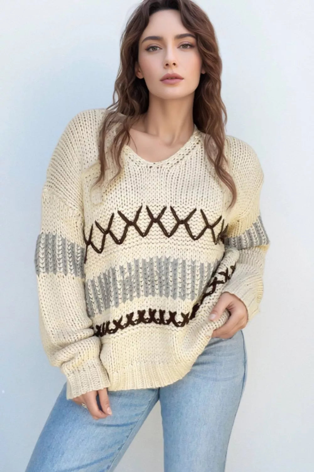 V-Neck Knit Long Sleeve Sweater-Nordavory