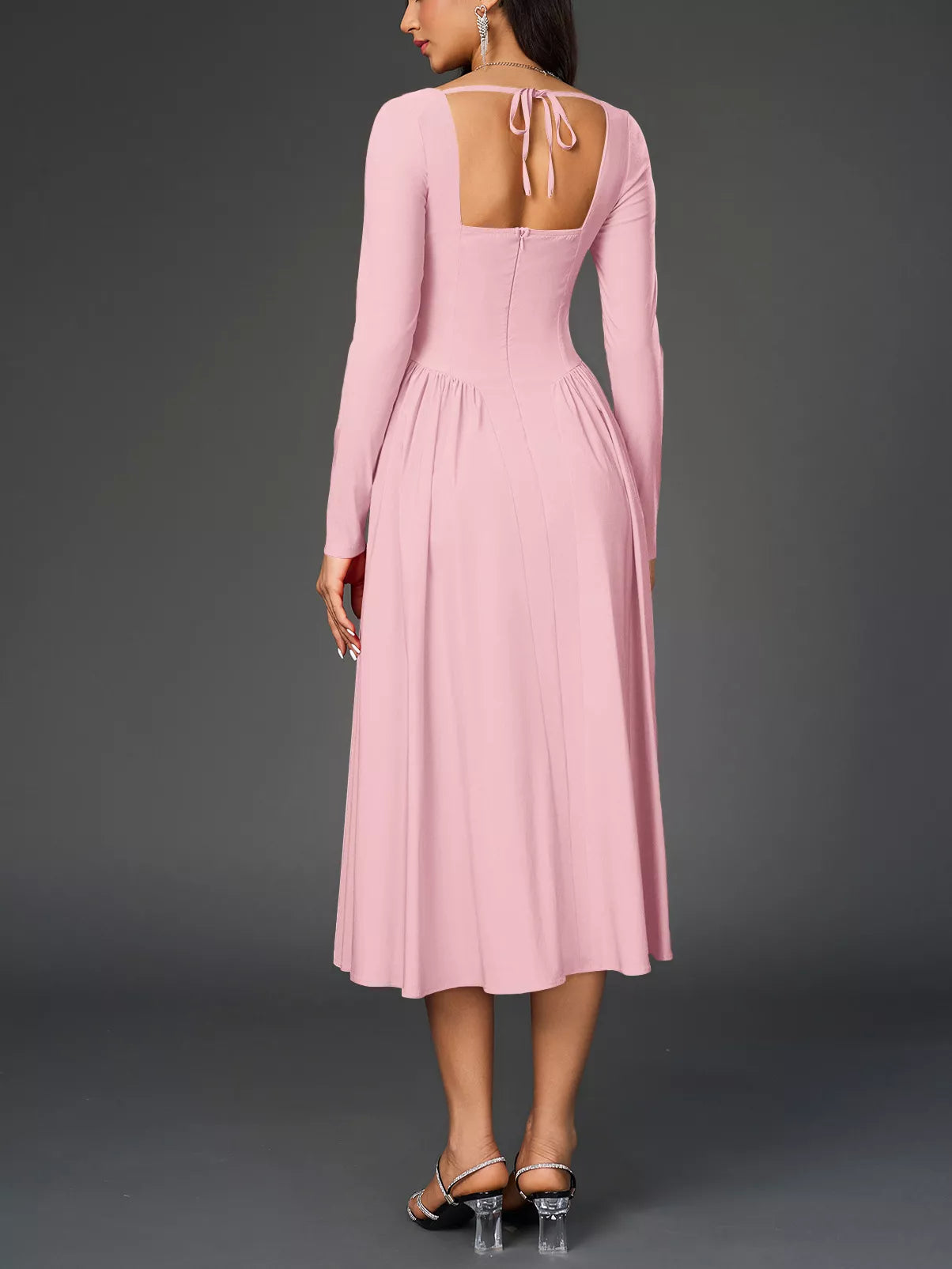Sweetheart Neckline Long Sleeve A-Line Midi Dress-Nordavory