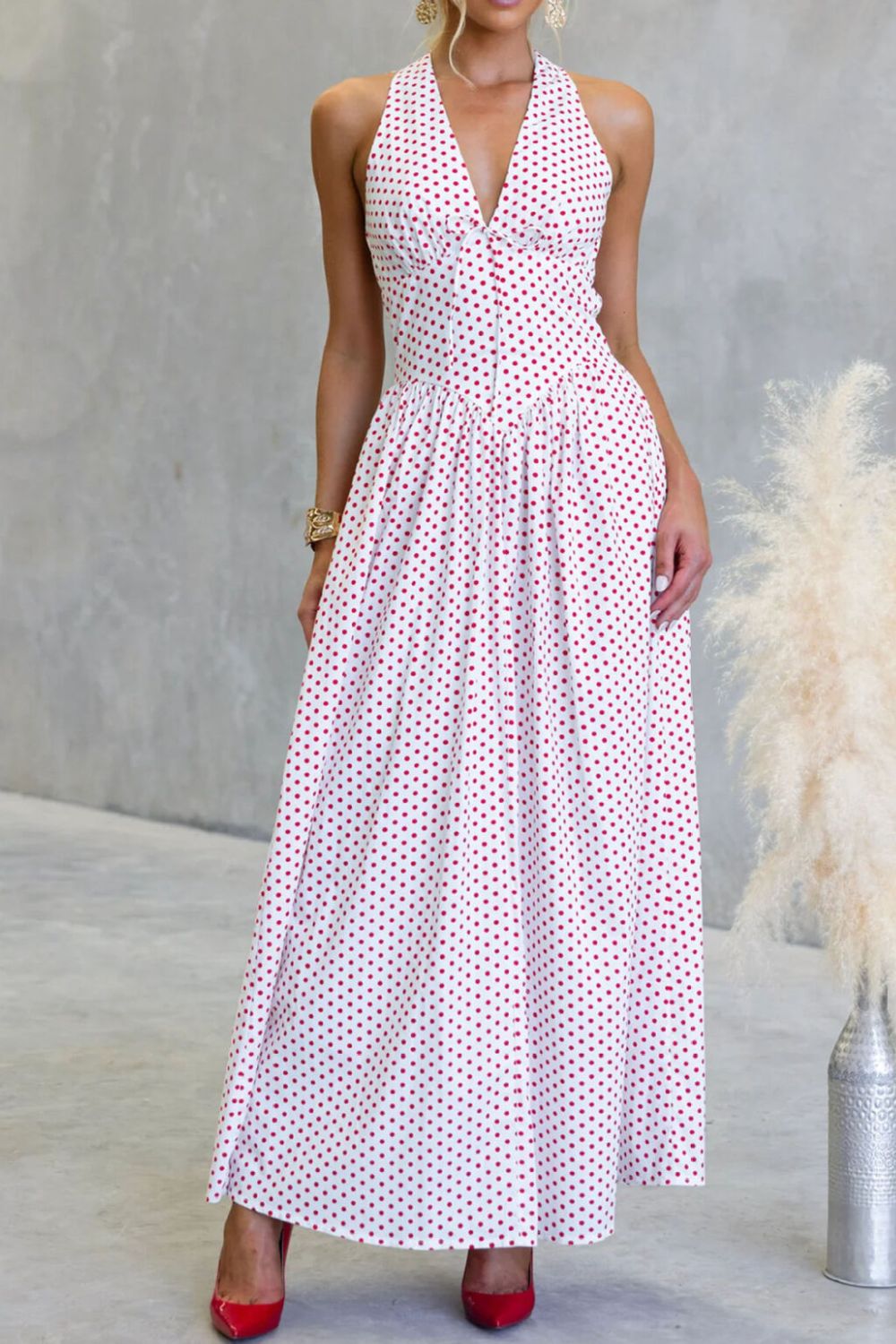 Backless Polka Dot Halter Neck Maxi Dress-Nordavory