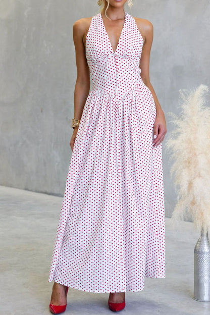 Backless Polka Dot Halter Neck Maxi Dress-Nordavory
