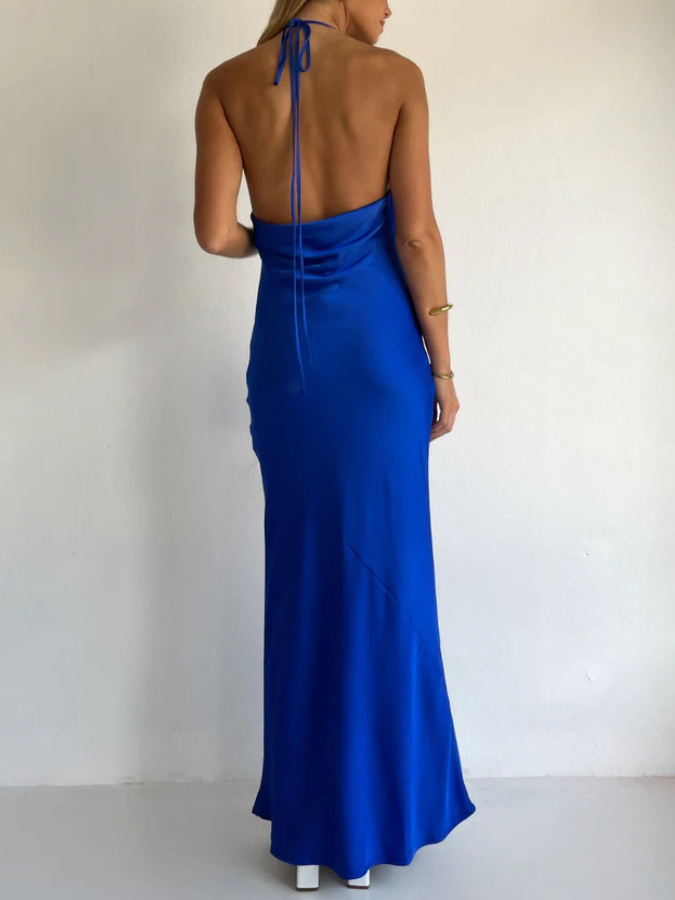 Halter Neck Satin Maxi Dress-Nordavory