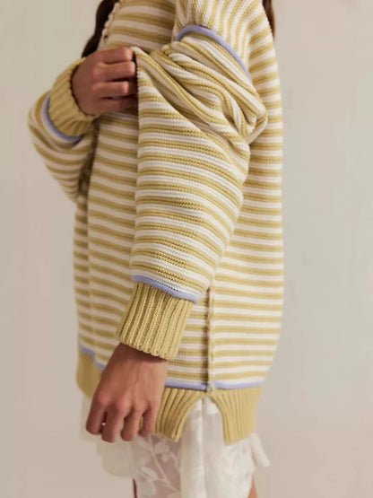 Striped Knit Round Neck Sweater-Nordavory