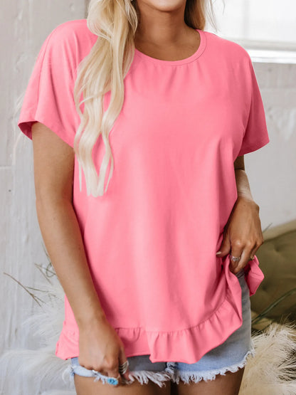 Ruffle Hem Round Neck Relaxed T-Shirt-Nordavory