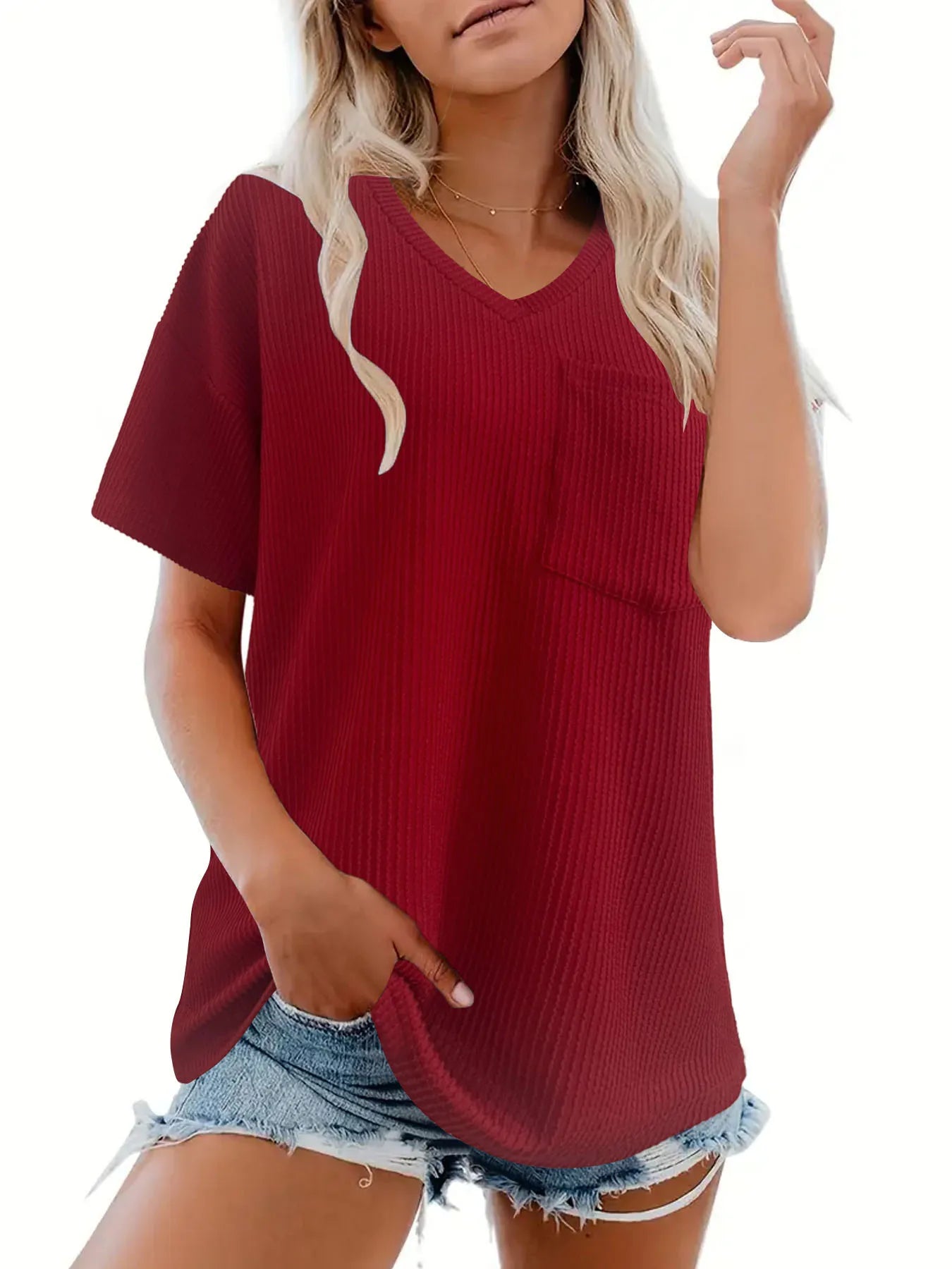 Ribbed V-Neck Oversized T-Shirt-Nordavory