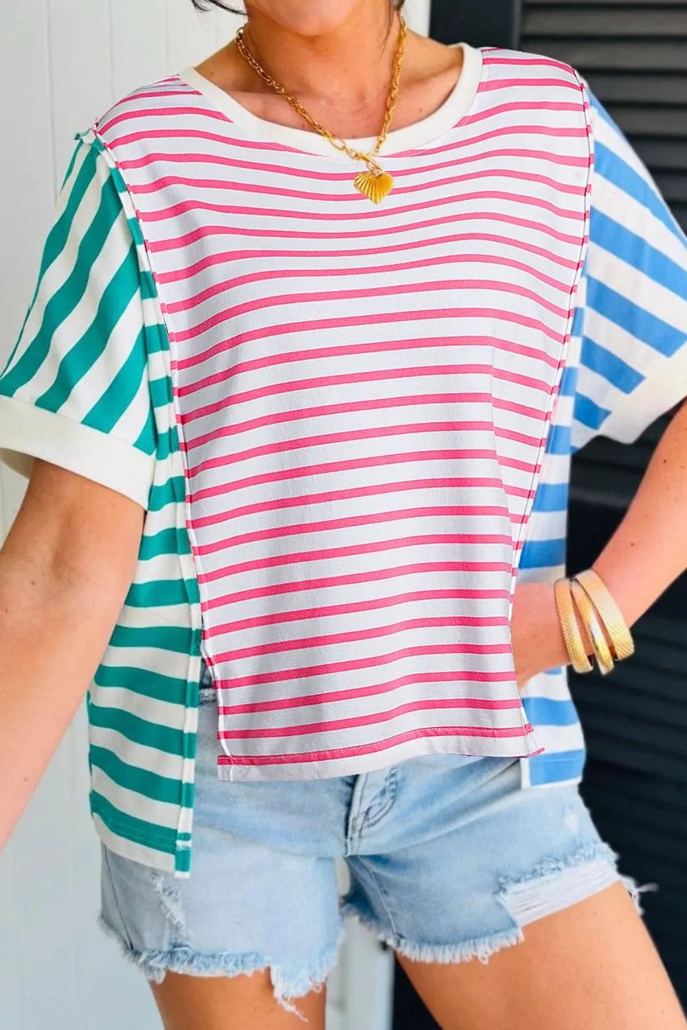 Color Block Striped Batwing Sleeve T-Shirt-Nordavory