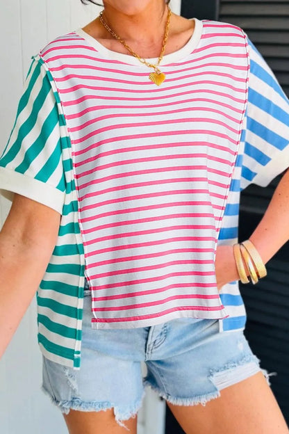 Color Block Striped Batwing Sleeve T-Shirt-Nordavory