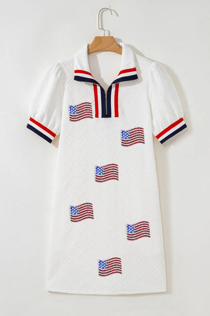 Patriotic American Flag Print Dress with Striped Collar-Nordavory