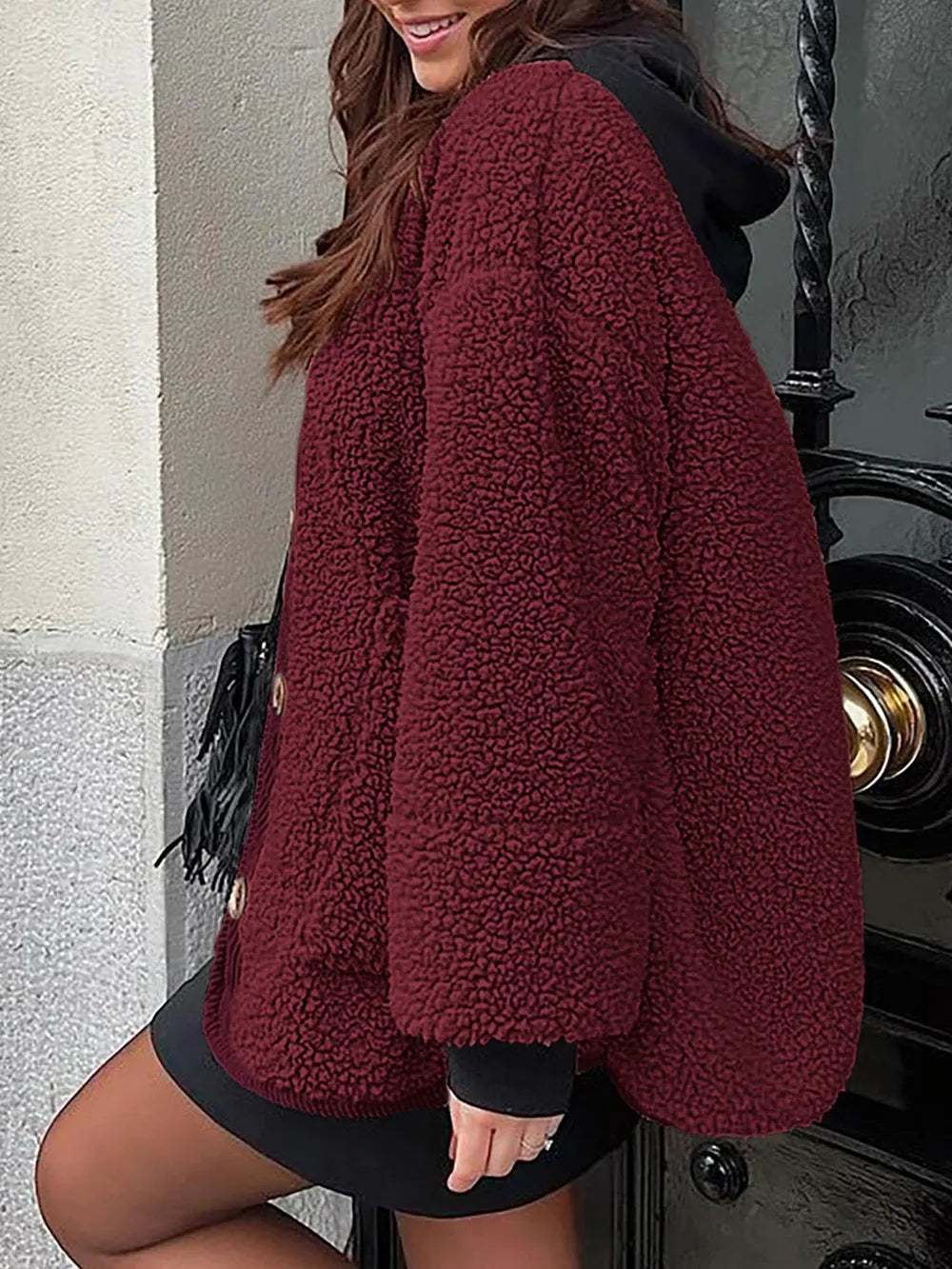 Contrast Button Up Sherpa Jacket with Pockets-Nordavory