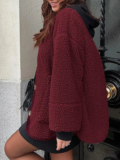 Contrast Button Up Sherpa Jacket with Pockets-Nordavory