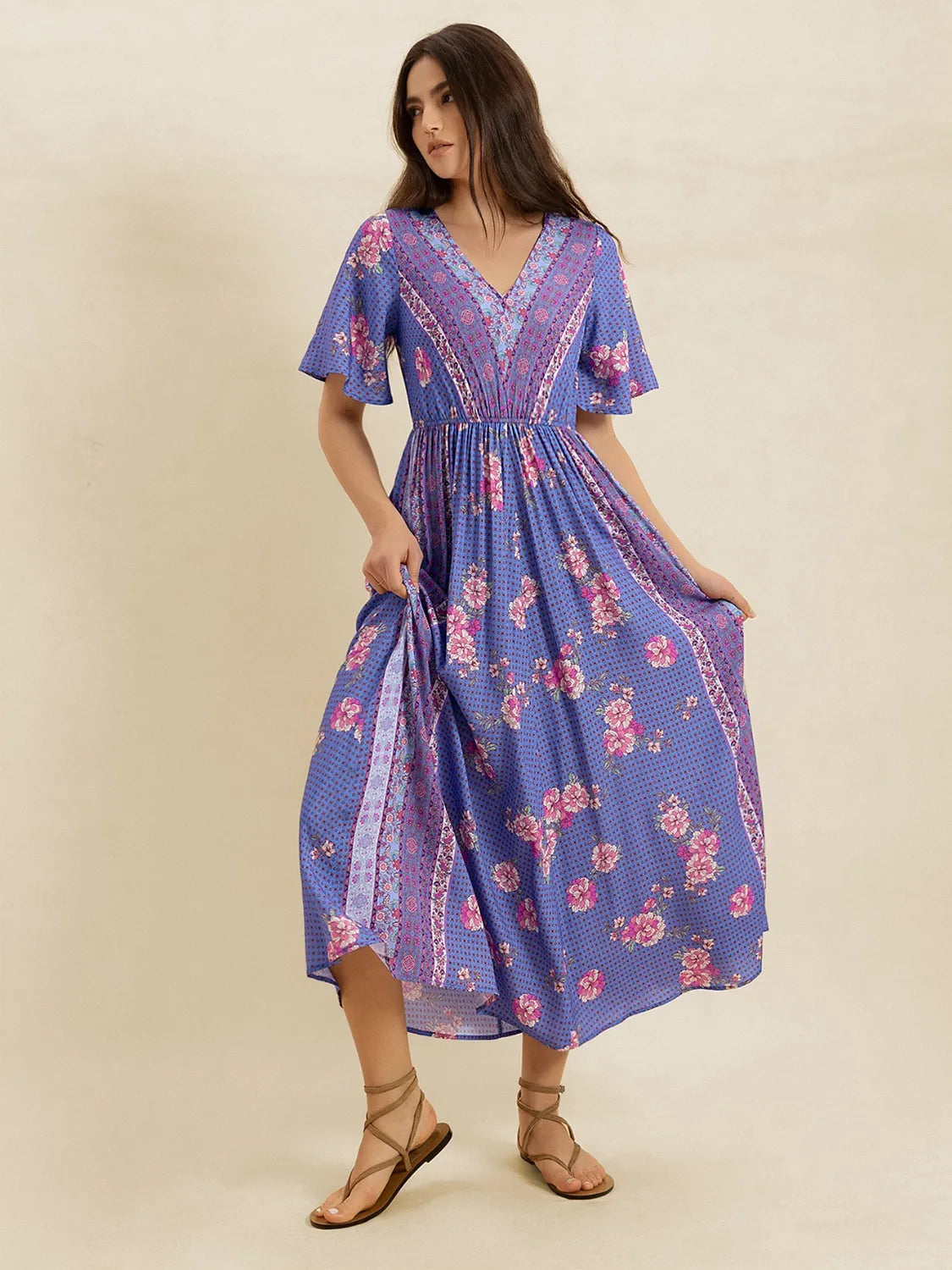 Printed Short Sleeve Midi Dress-Nordavory