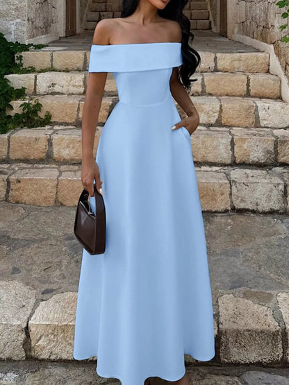 Off-Shoulder A-Line Maxi Dress-Nordavory