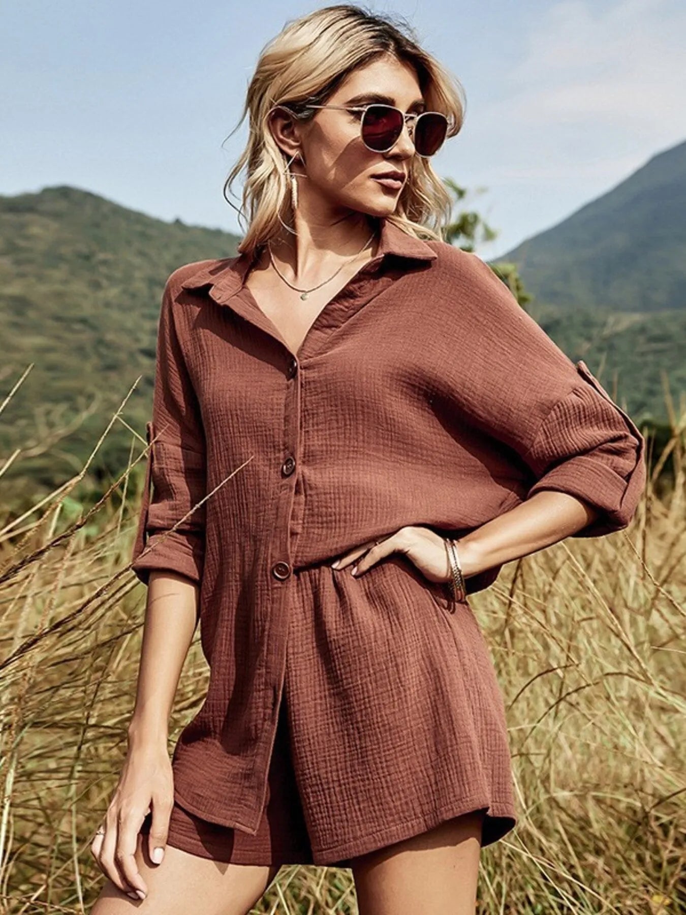 Button Down Shirt and Shorts Set-Nordavory