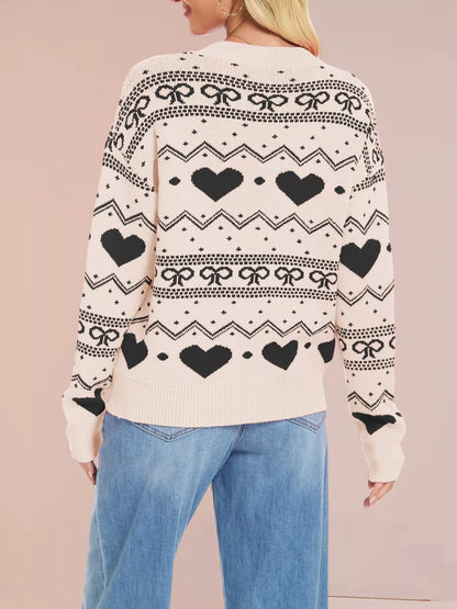 Heart & Bow Pattern Round Neck Sweater-Nordavory