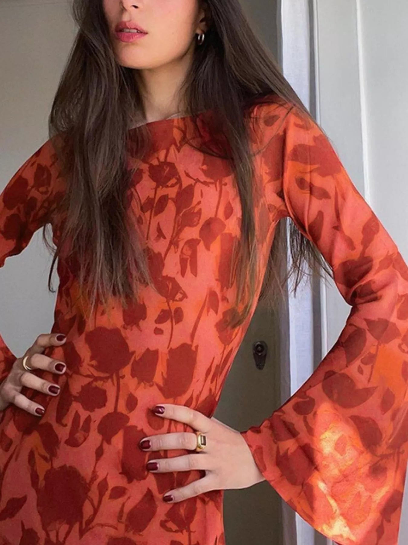 Floral Print Fare Sleeve Maxi Dress-Nordavory
