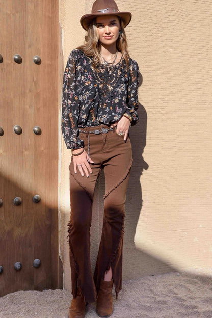 Printed Round Neck Long Sleeve Blouse-Nordavory