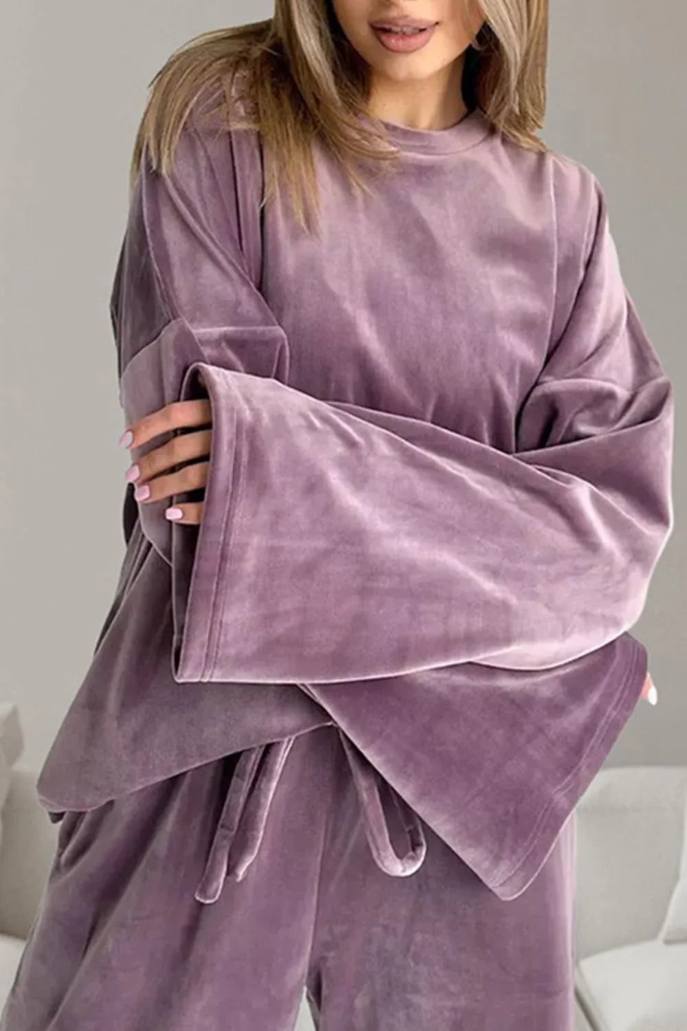 Buttery-Soft Round Neck Long Sleeve Top and Drawstring Pants Set-Nordavory