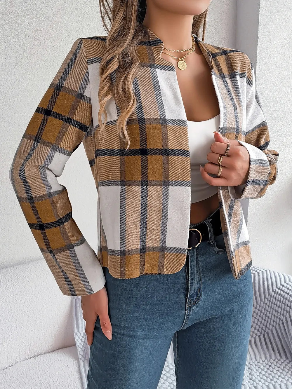 Plaid Open Front Long Sleeve Jacket-Nordavory