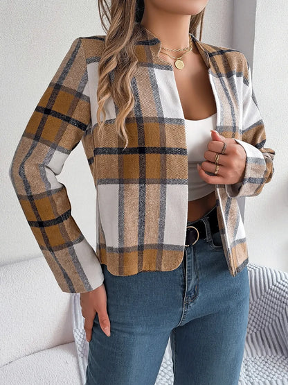 Plaid Open Front Long Sleeve Jacket-Nordavory