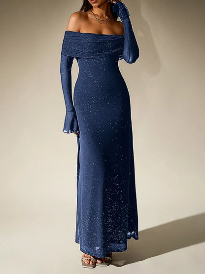Glitter Off-Shoulder Maxi Dress-Nordavory