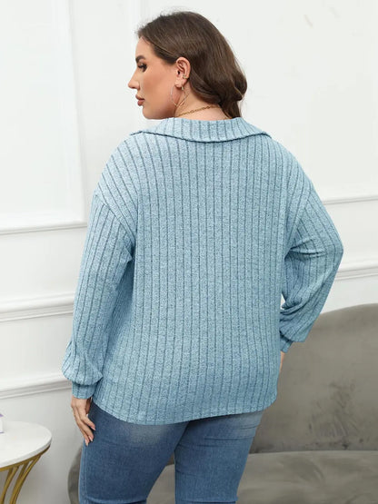 Plus Size Ribbed Collared Neck Long Sleeve Blouse-Nordavory