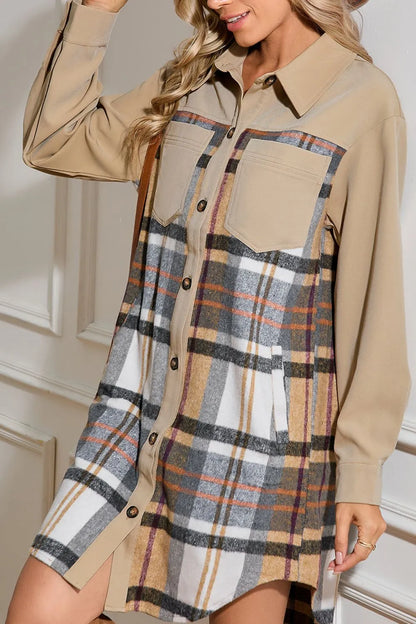 Pocketed Plaid Long Sleeve Mini Shirt Dress-Nordavory