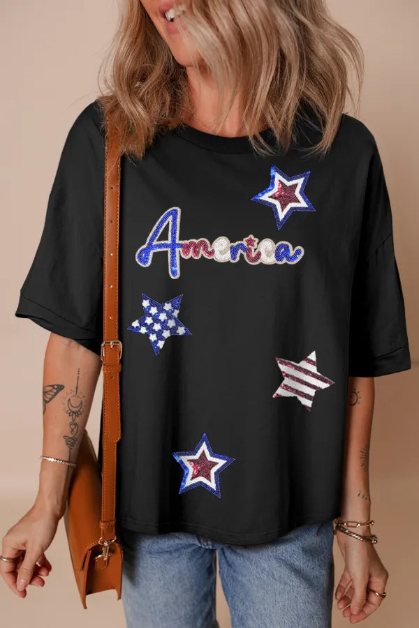 Sequined America Star Round Neck T Shirt-Nordavory