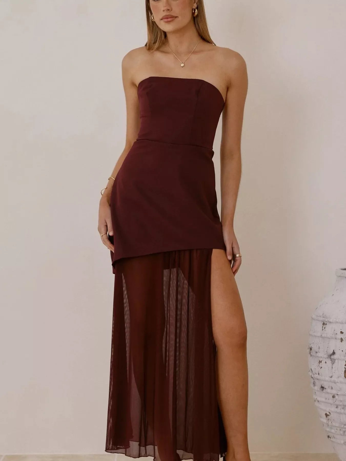 High Slit Mesh Tube Maxi Dress-Nordavory