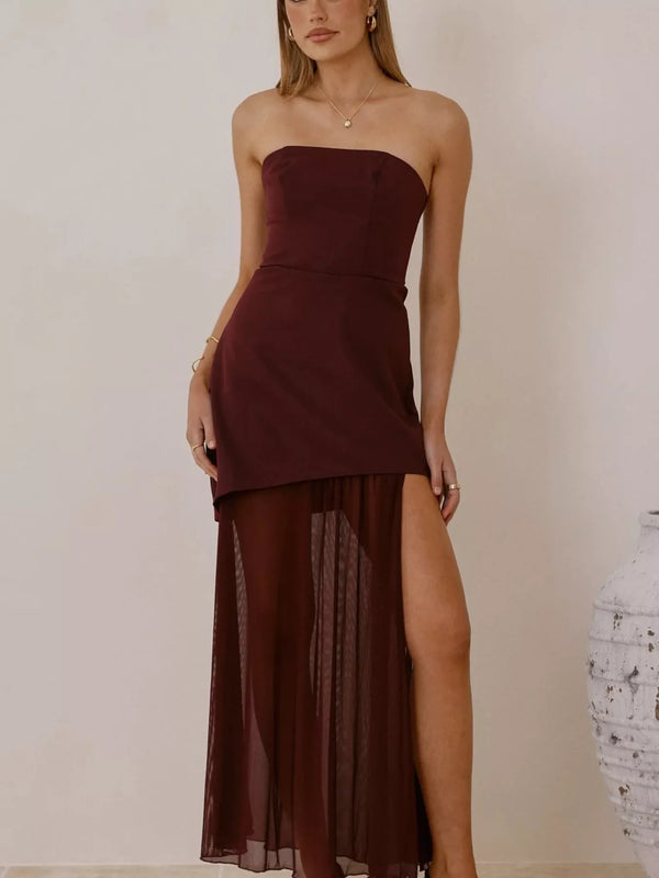 High Slit Mesh Tube Maxi Dress-Nordavory
