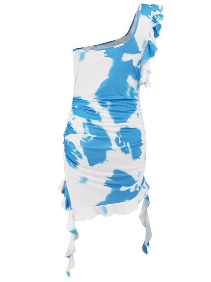 Ruffled Tie-Dye Single Shoulder Mini Dress-Nordavory