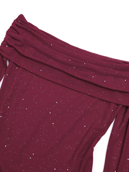 Glitter Off-Shoulder Maxi Dress-Nordavory