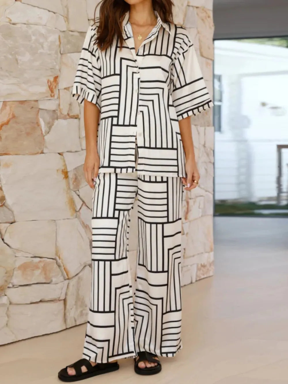 Button Down Half Sleeve Top and Pants Set-Nordavory