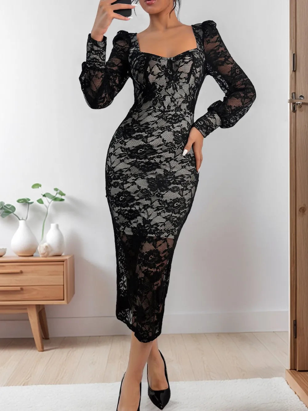 Perfee Lace Sweetheart Neck Long Sleeve Midi Dress-Nordavory