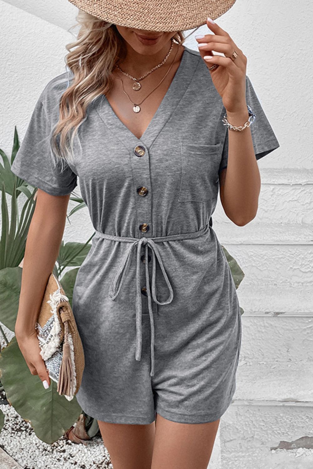 Perfee V-Neck Short Sleeve Tied Romper-Nordavory