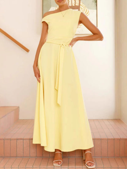 Single Shoulder Tie Waist Maxi Dress-Nordavory