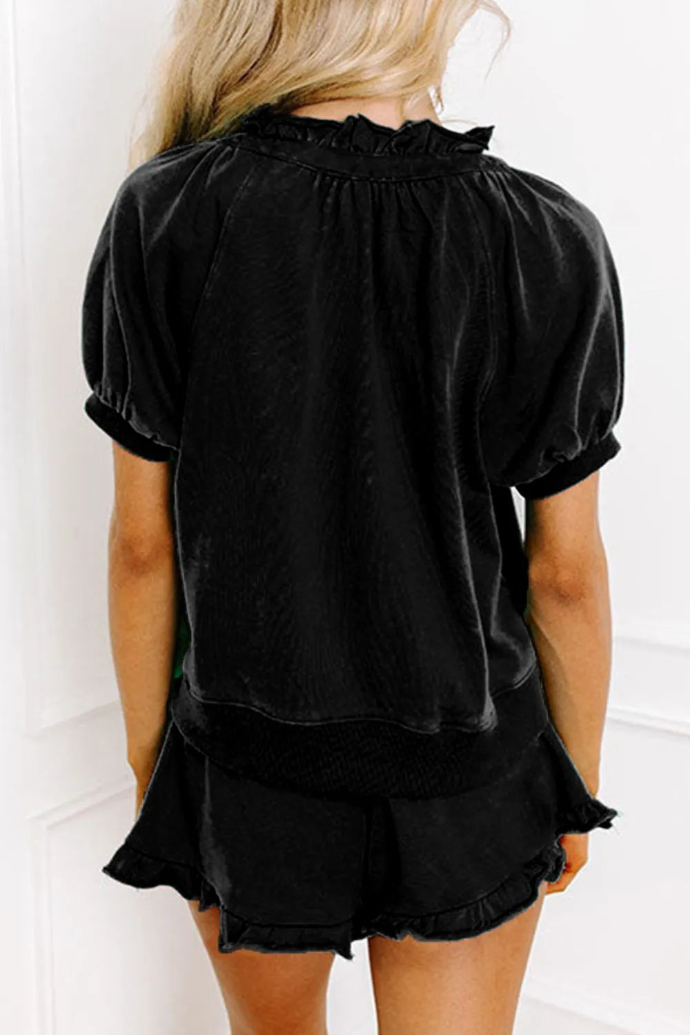 Frill Zip Front Puff Sleeve Top and Skort Set-Nordavory