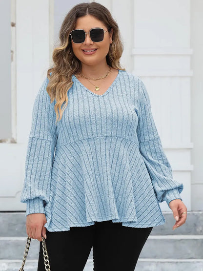Plus Size Ribbed V-Neck Long Sleeve Blouse-Nordavory