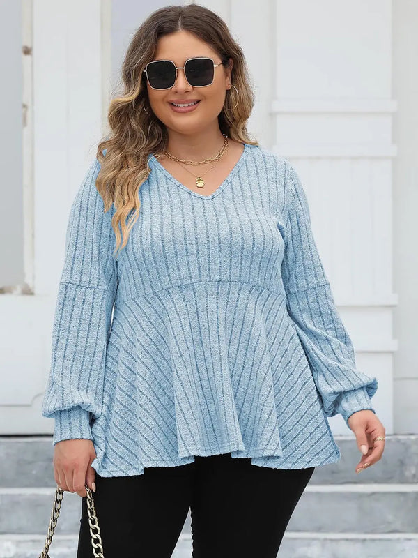 Plus Size Ribbed V-Neck Long Sleeve Blouse-Nordavory