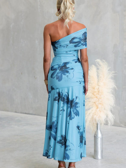 Floral Print One-Shoulder Ruched Maxi Dress-Nordavory