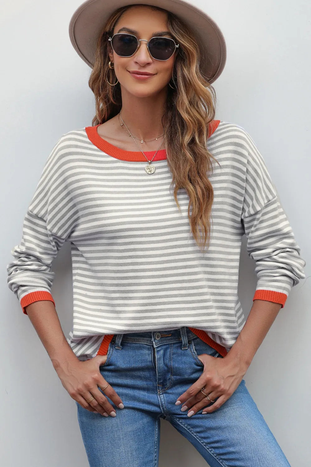 Striped Round Neck Drop Shoulder T-Shirt-Nordavory