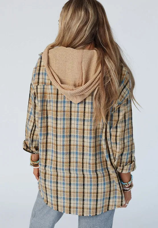 Drawstring Waffle Knit Patchwork Hooded Plaid Shacket-Nordavory