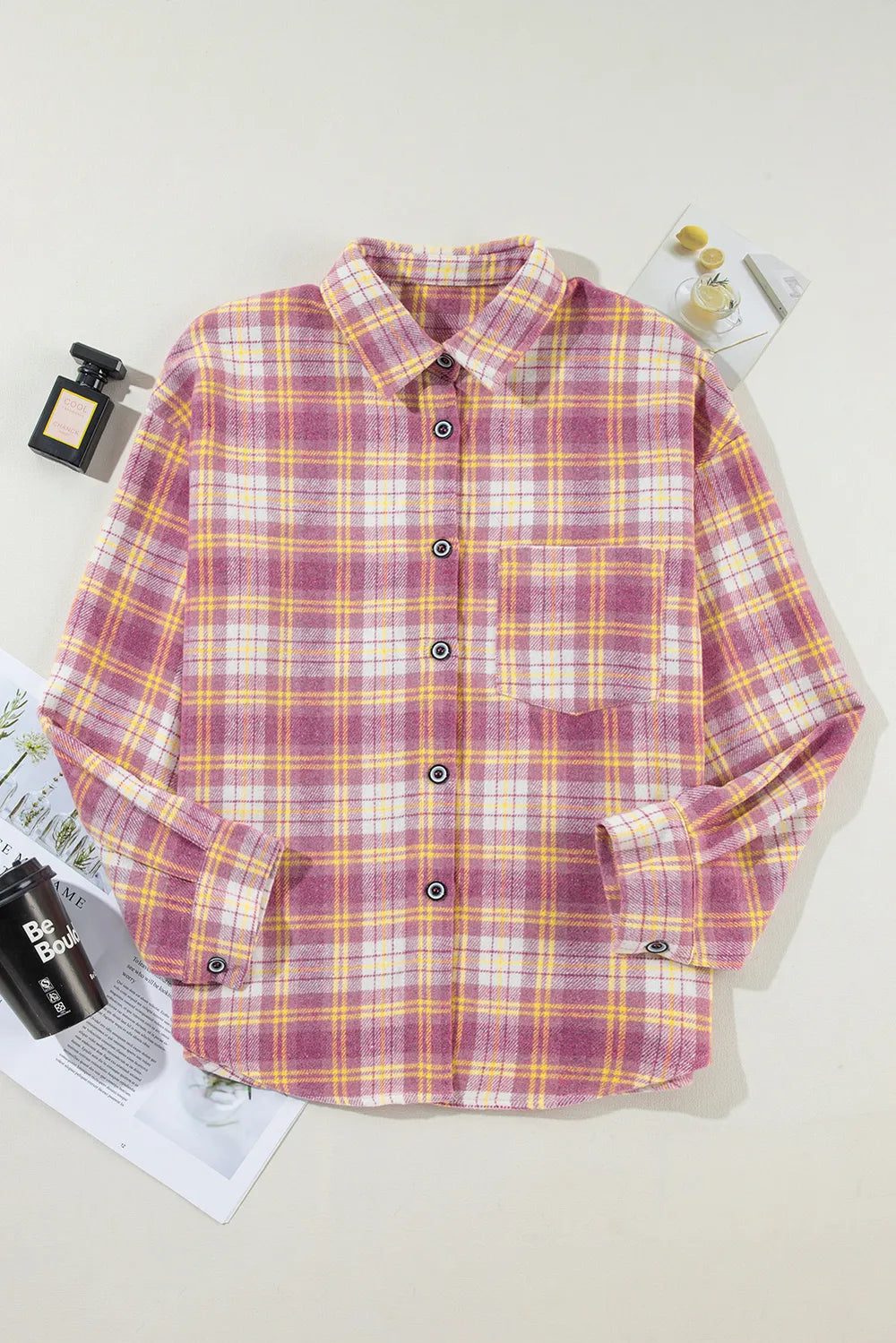Plaid Collared Neck Button Up Shacket-Nordavory