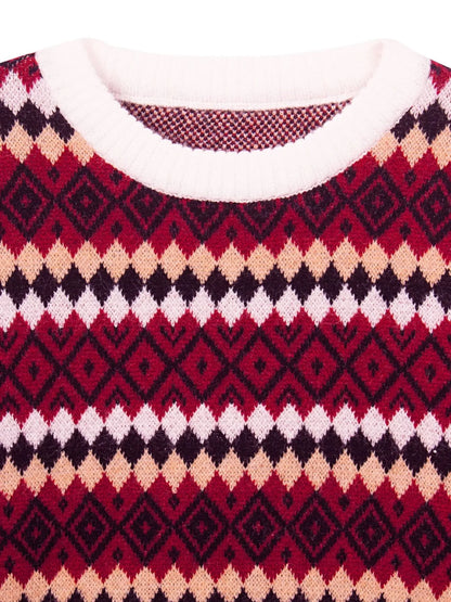 Geometric Pattern Round Neck Sweater-Nordavory