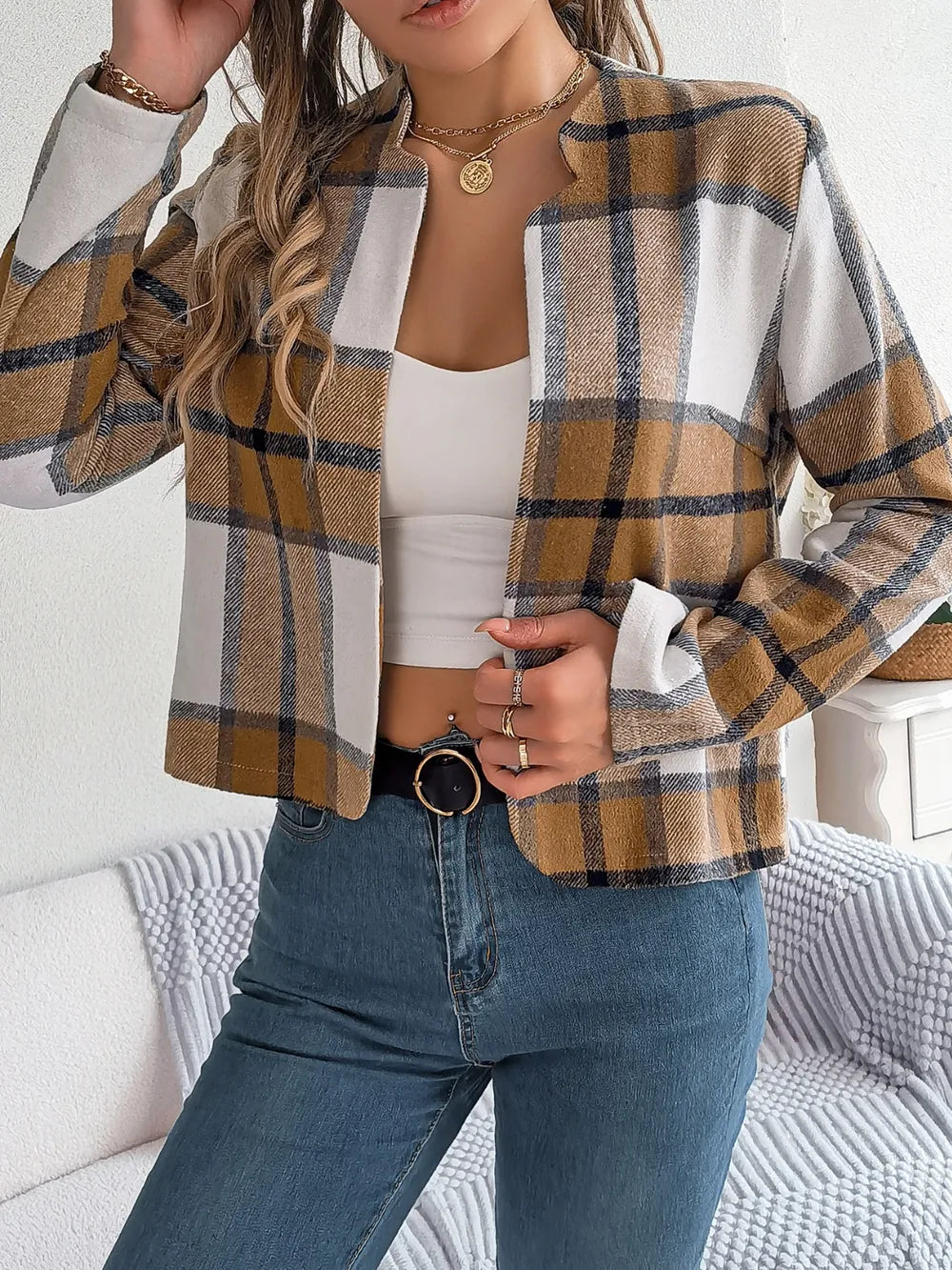 Plaid Open Front Long Sleeve Jacket-Nordavory