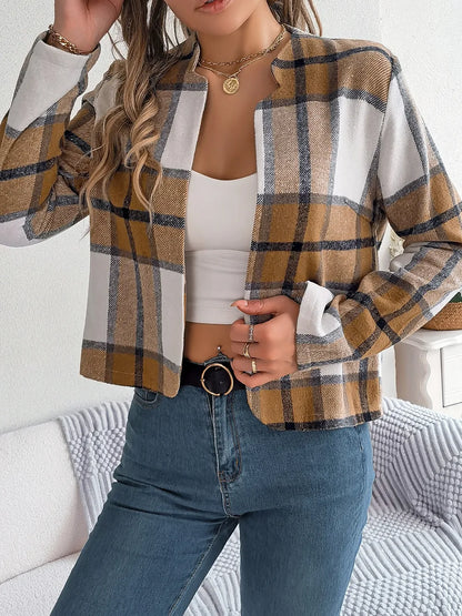 Plaid Open Front Long Sleeve Jacket-Nordavory
