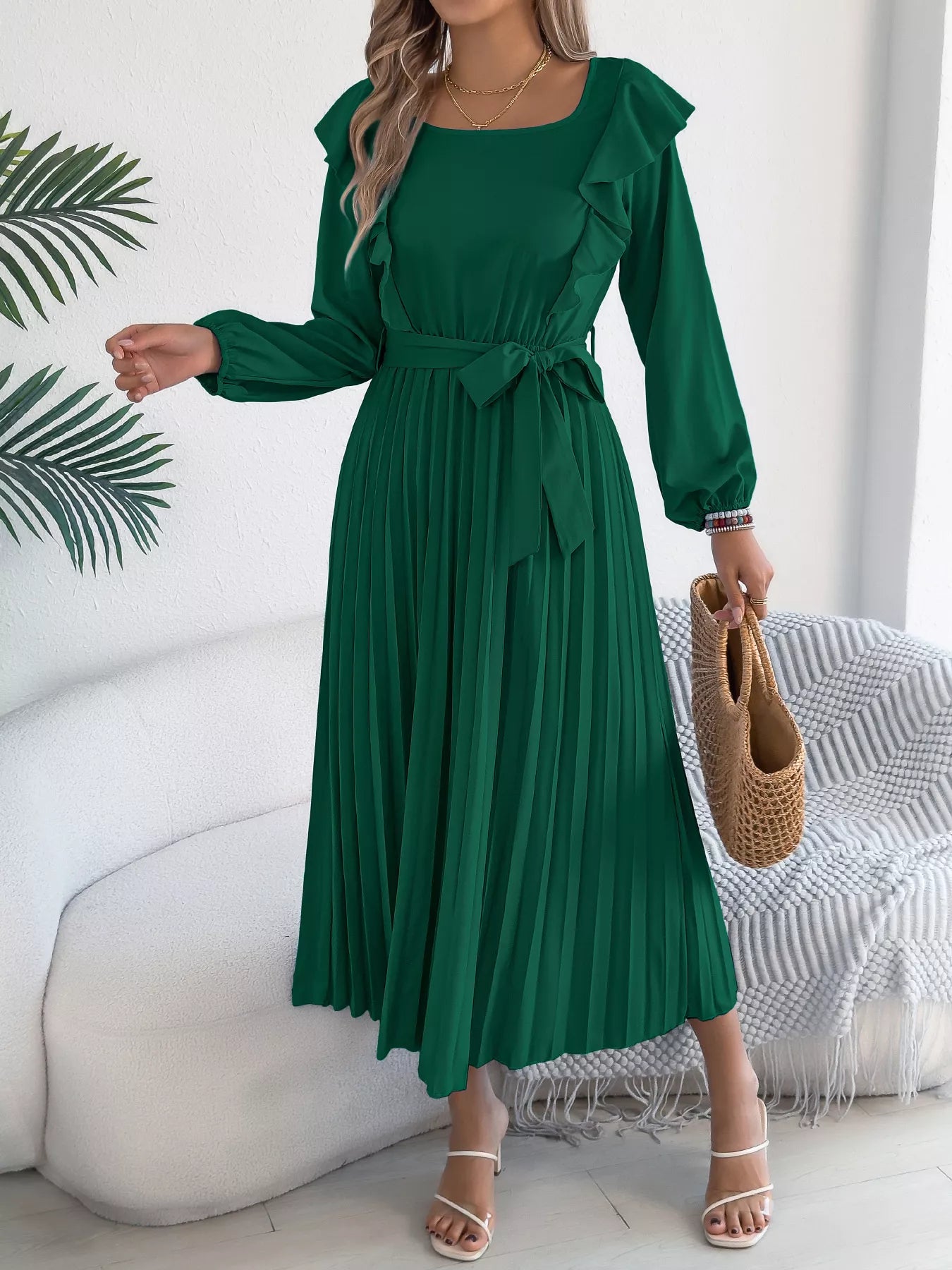 Ruffle Trim Pleated A-Line Midi Dress-Nordavory
