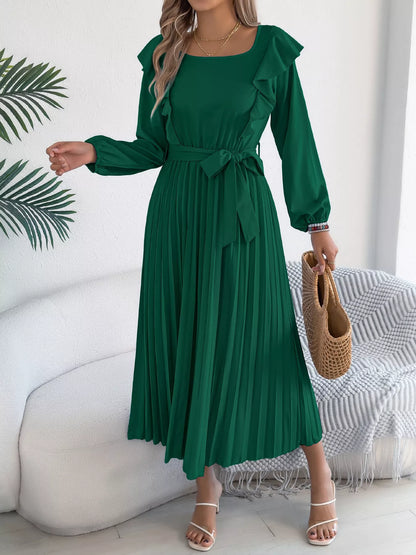 Ruffle Trim Pleated A-Line Midi Dress-Nordavory