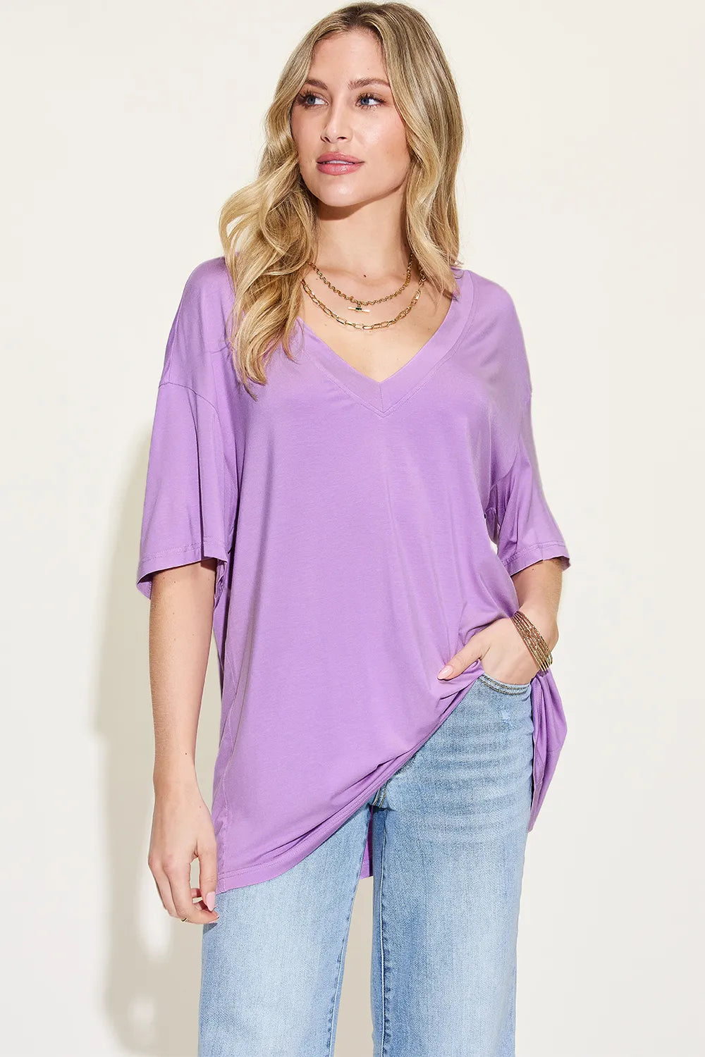 Basic Bae Full Size Bamboo V-Neck Drop Shoulder T-Shirt-Nordavory