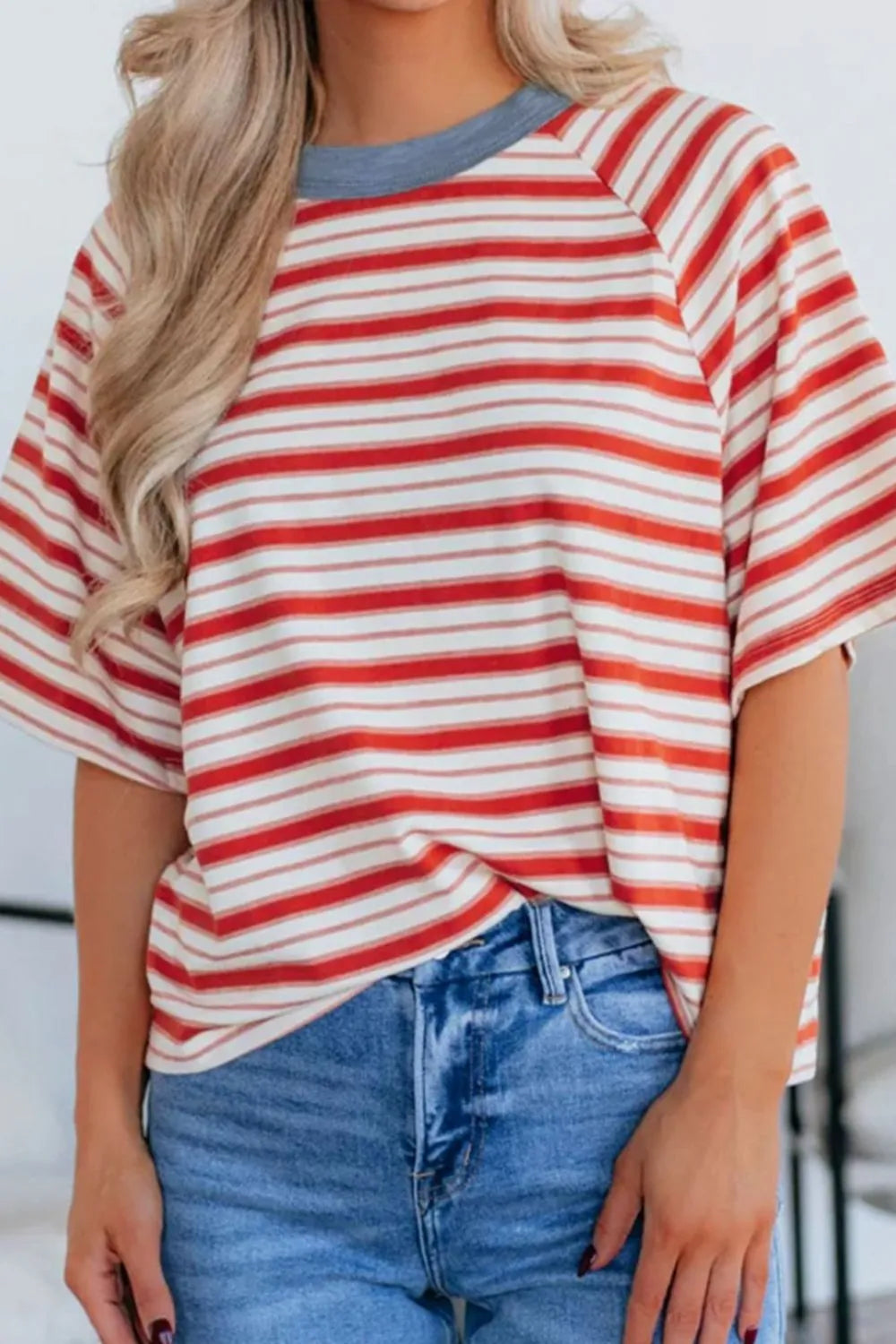 Stripe Print Contrast Collar Raglan Sleeve T Shirt-Nordavory