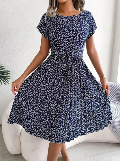 Floral Print Pleated Midi Dress with Belt-Nordavory